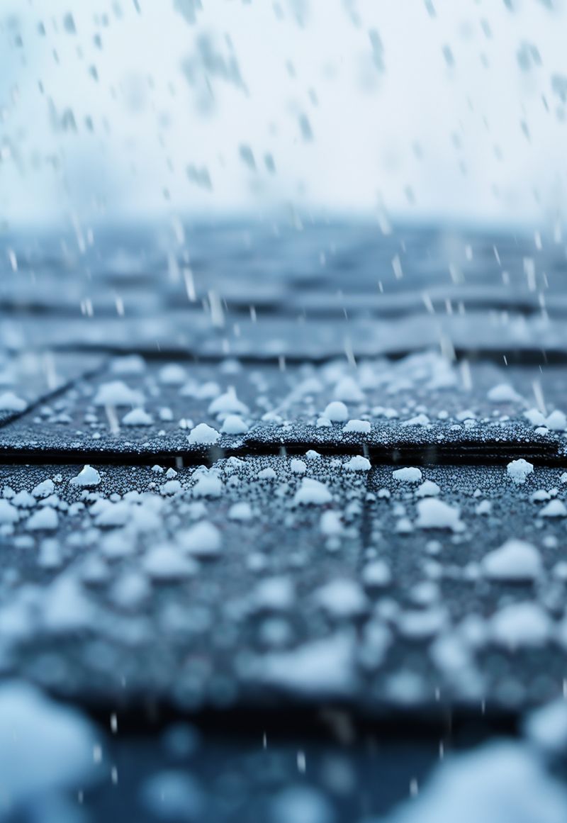 Asphalt roof shingles are pelted with hail, snow or sleet- a close up view of a roof during a winter storm, shallow depth of field