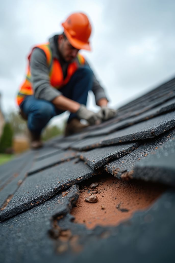 Construction worker in orange hard hat, vest inspects damaged roof shingles. Close-up on worn asphalt shingles with debris. Worker examines roof for repair needs. Home maintenance, building